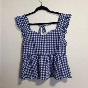 SHEIN Blue Checkered Ruffle Blouse